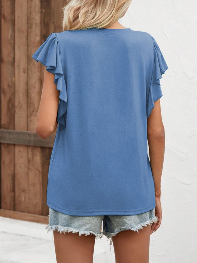 Full Size Ruffled Notched Cap Sleeve T-Shirt-Timber Brooke Boutique, Online Women's Fashion Boutique in Amarillo, Texas