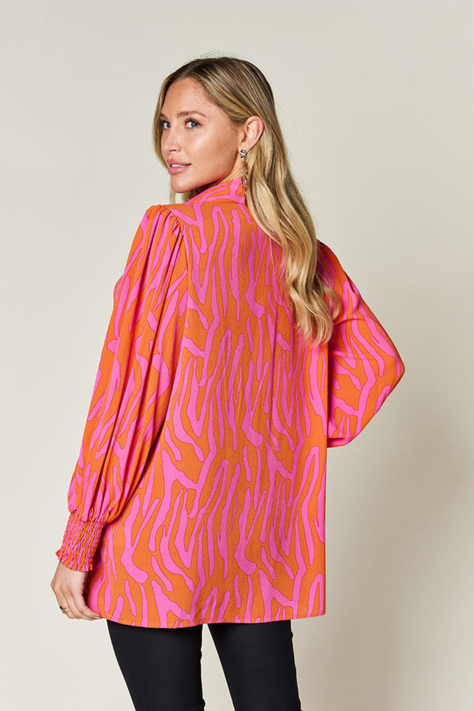 Double Take Full Size Printed Smocked Long Sleeve Blouse-Timber Brooke Boutique, Online Women's Fashion Boutique in Amarillo, Texas