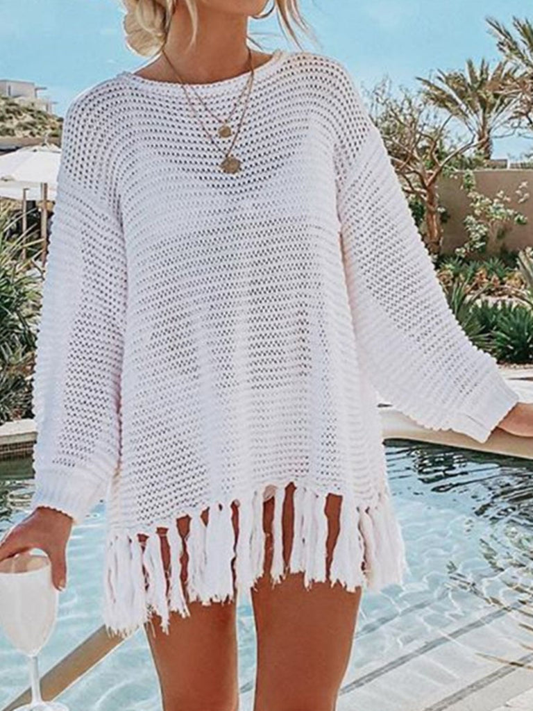 Double Take Openwork Tassel Hem Long Sleeve Knit Cover Up-Timber Brooke Boutique, Online Women's Fashion Boutique in Amarillo, Texas