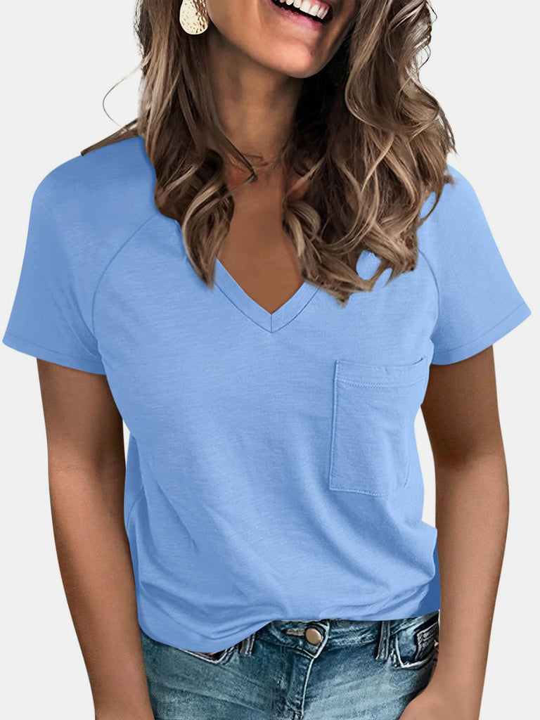 Pocketed V-Neck Short Sleeve T-Shirt-Timber Brooke Boutique, Online Women's Fashion Boutique in Amarillo, Texas