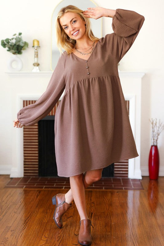 Beautiful You Mocha Woven Waffle V Neck Babydoll Dress-Timber Brooke Boutique, Online Women's Fashion Boutique in Amarillo, Texas