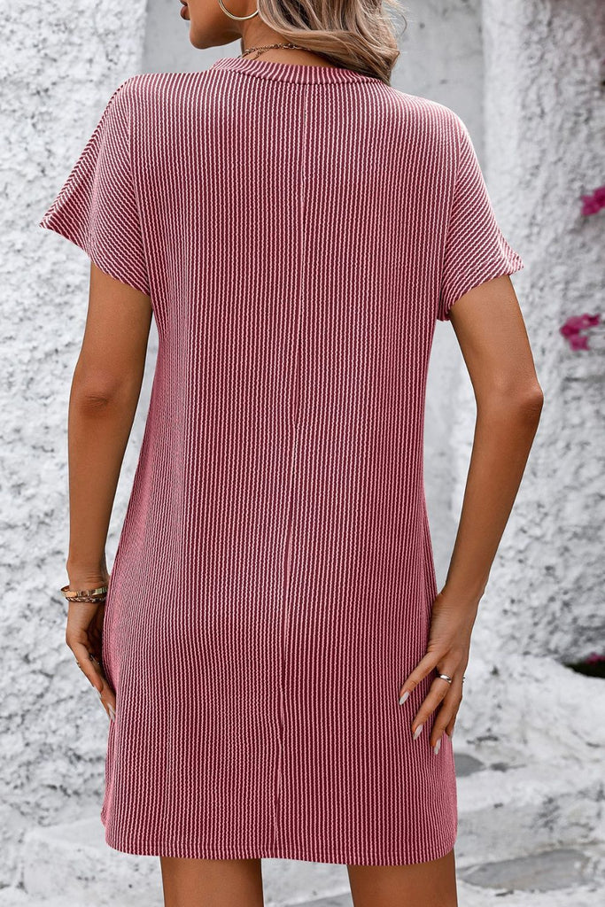 Ribbed Striped Short Sleeve Mini Tee Dress-Timber Brooke Boutique, Online Women's Fashion Boutique in Amarillo, Texas