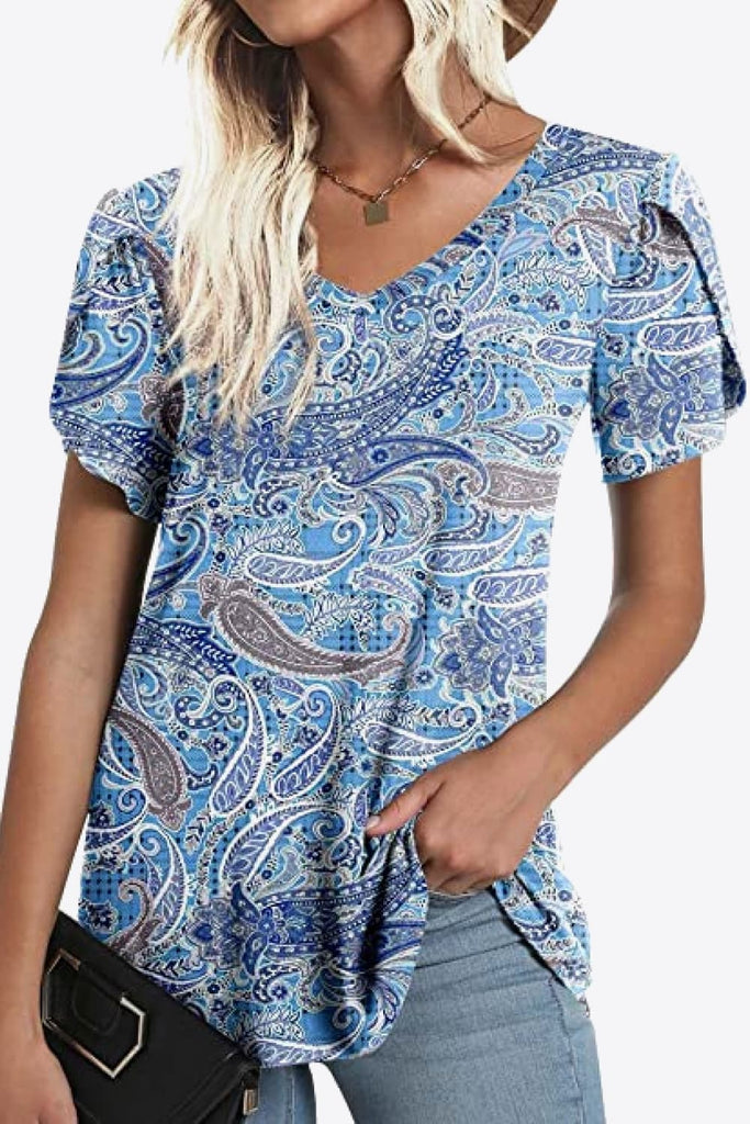 Printed Petal Sleeve V-Neck Blouse-Timber Brooke Boutique, Online Women's Fashion Boutique in Amarillo, Texas