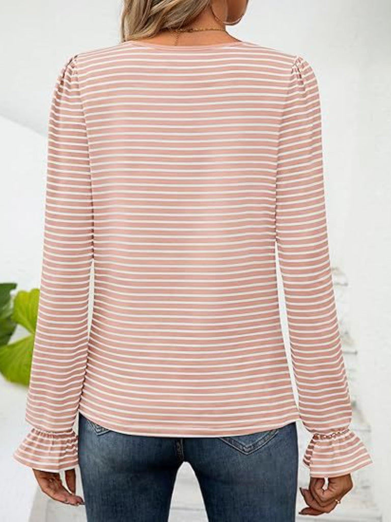 Striped Square Neck Flounce Sleeve Top-Timber Brooke Boutique, Online Women's Fashion Boutique in Amarillo, Texas