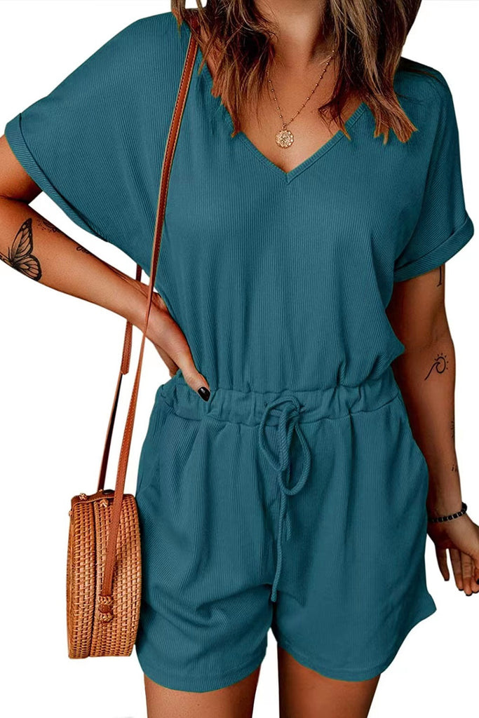 Full Size Drawstring V-Neck Short Sleeve Romper-Timber Brooke Boutique, Online Women's Fashion Boutique in Amarillo, Texas