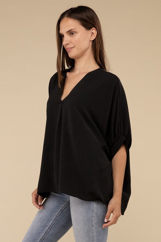 Woven Airflow V-Neck Puff Half Sleeve Top-Timber Brooke Boutique, Online Women's Fashion Boutique in Amarillo, Texas