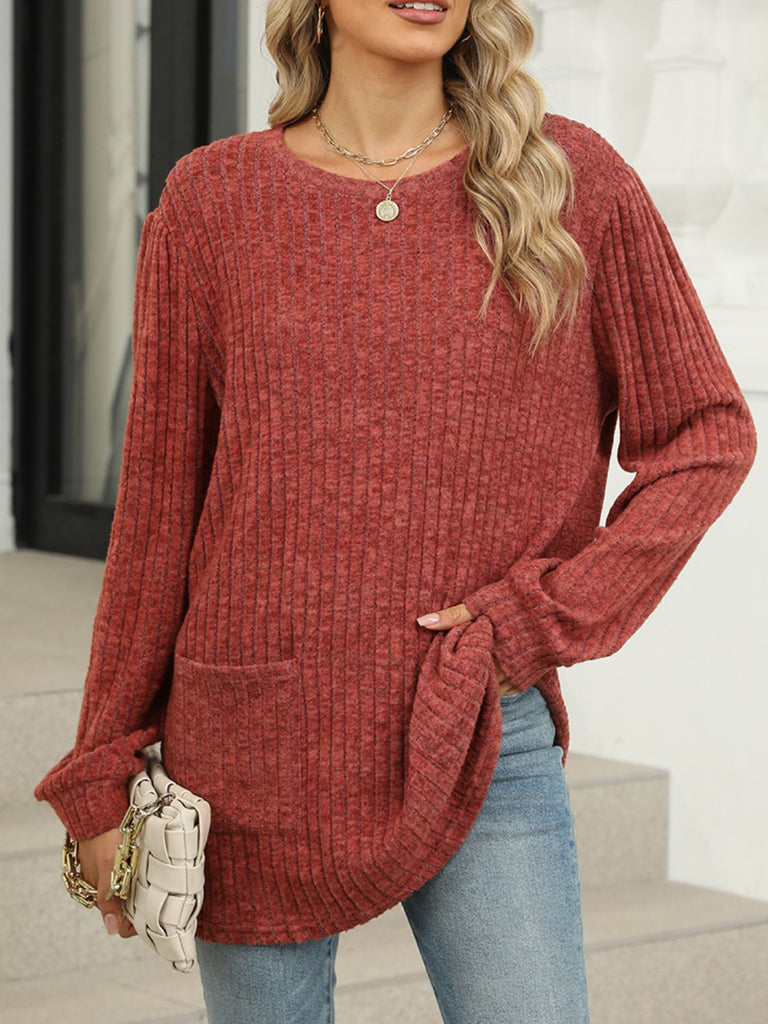 Pocketed Round Neck Long Sleeve T-Shirt-Timber Brooke Boutique, Online Women's Fashion Boutique in Amarillo, Texas