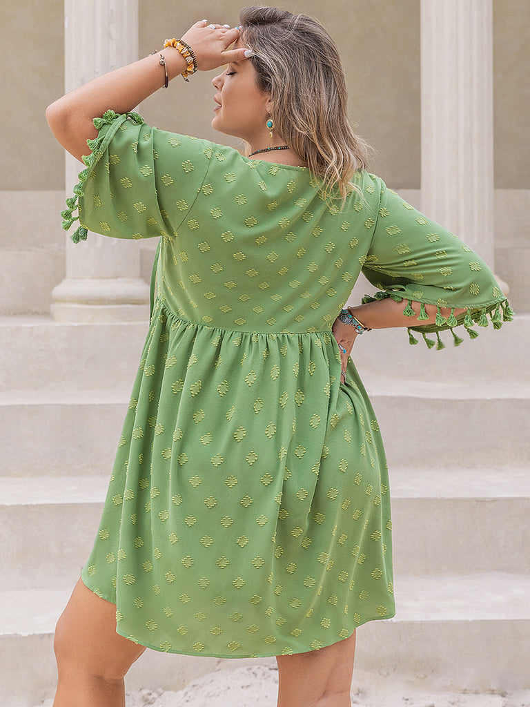 Plus Size Tied Tassel Half Sleeve Mini Dress-Timber Brooke Boutique, Online Women's Fashion Boutique in Amarillo, Texas