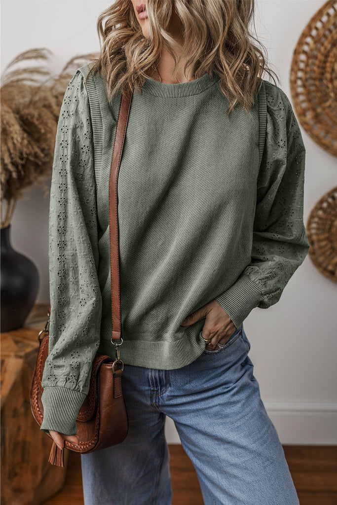 Eyelet Round Neck Long Sleeve Sweatshirt-Timber Brooke Boutique, Online Women's Fashion Boutique in Amarillo, Texas