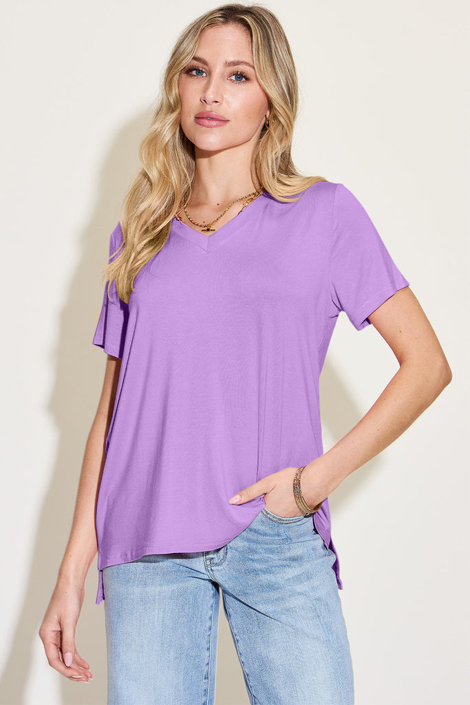 Basic Bae Bamboo Full Size V-Neck High-Low T-Shirt-Timber Brooke Boutique, Online Women's Fashion Boutique in Amarillo, Texas