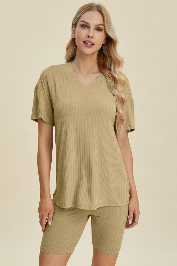 Basic Bae Full Size Ribbed V-Neck Short Sleeve Top and Shorts Set-Timber Brooke Boutique, Online Women's Fashion Boutique in Amarillo, Texas