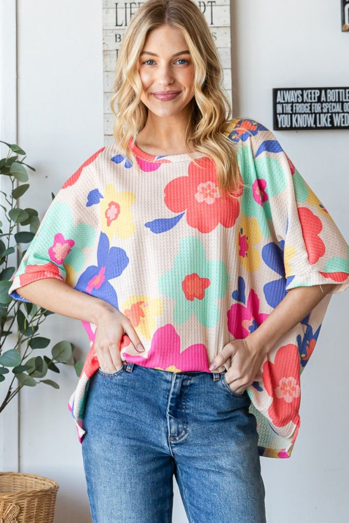 HOPELY Floral Waffle Oversize T-Shirt-Timber Brooke Boutique, Online Women's Fashion Boutique in Amarillo, Texas