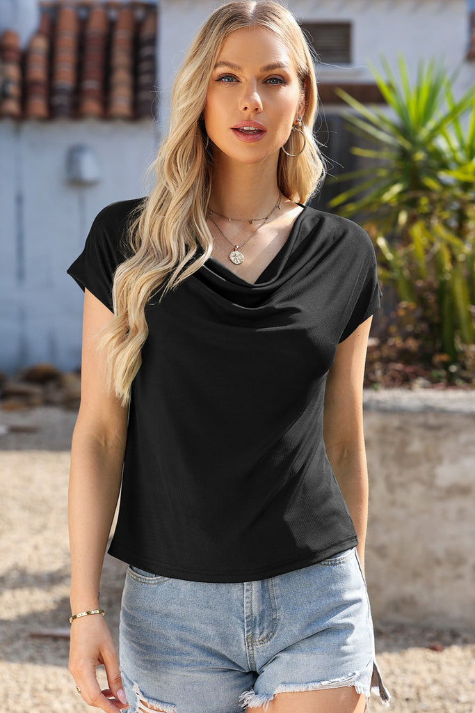 Cowl Neck Short Sleeve T-Shirt-Timber Brooke Boutique, Online Women's Fashion Boutique in Amarillo, Texas