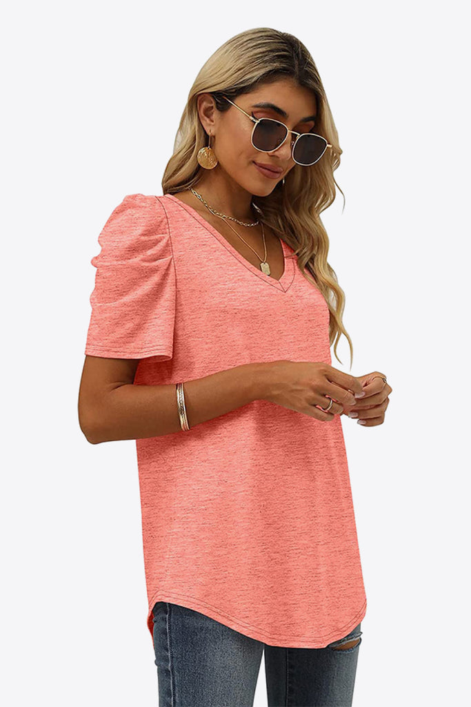 V-Neck Puff Sleeve Tee-Timber Brooke Boutique, Online Women's Fashion Boutique in Amarillo, Texas