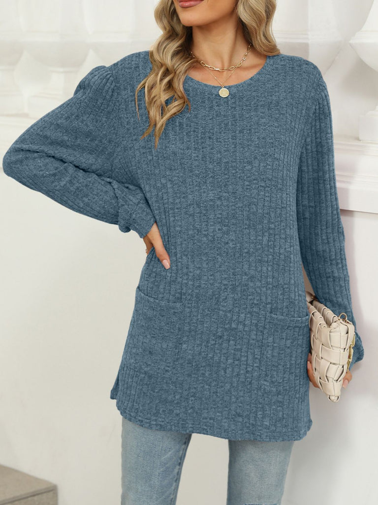 Pocketed Round Neck Long Sleeve T-Shirt-Timber Brooke Boutique, Online Women's Fashion Boutique in Amarillo, Texas