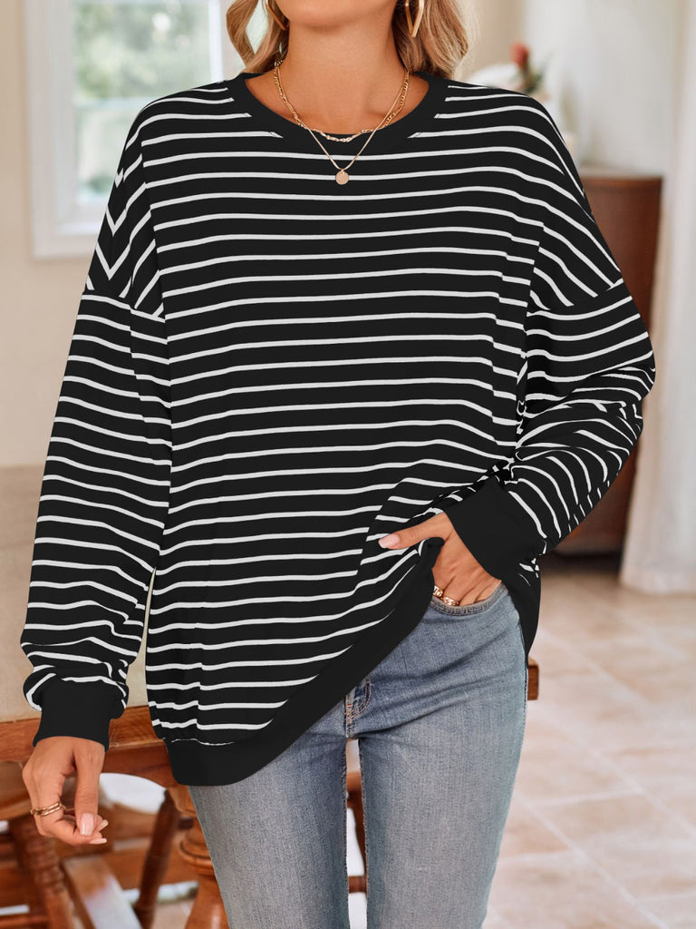 Striped Round Neck Long Sleeve Sweatshirt-Timber Brooke Boutique, Online Women's Fashion Boutique in Amarillo, Texas