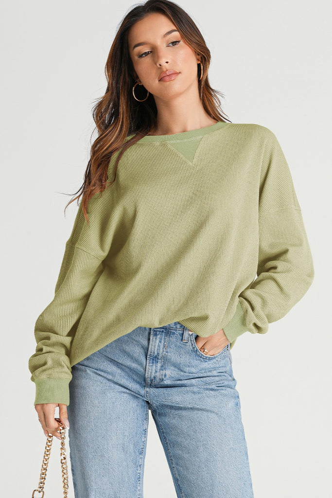 Waffle-Knit Long Sleeve Sweatshirt-Timber Brooke Boutique, Online Women's Fashion Boutique in Amarillo, Texas