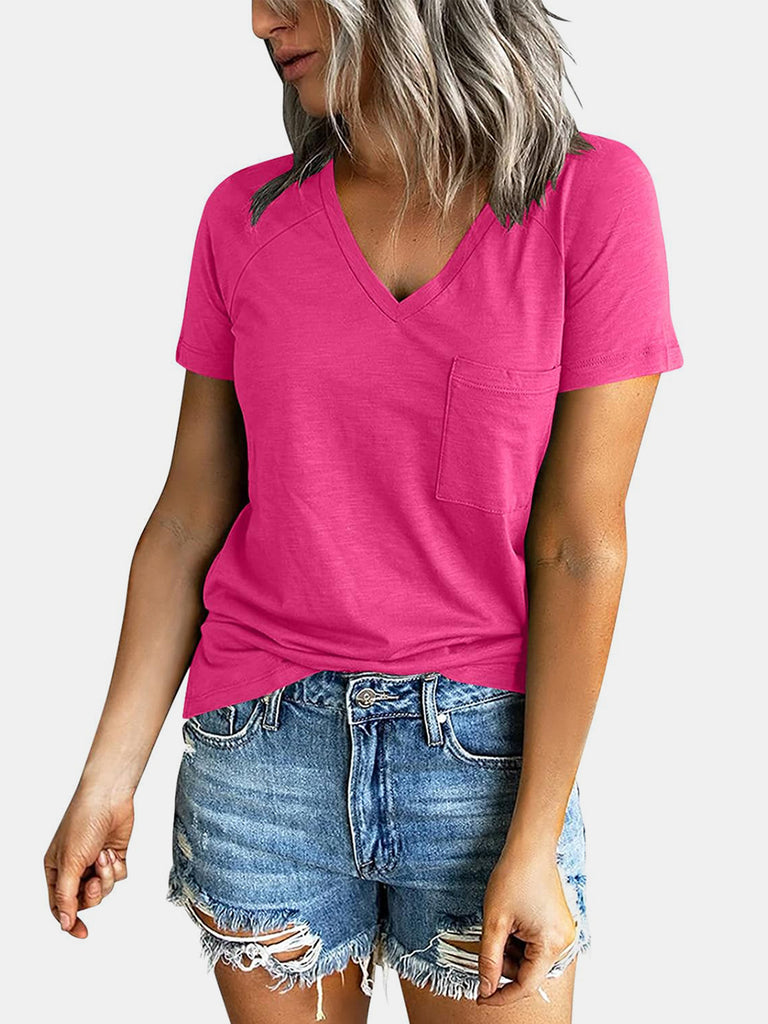 Pocketed V-Neck Short Sleeve T-Shirt-Timber Brooke Boutique, Online Women's Fashion Boutique in Amarillo, Texas