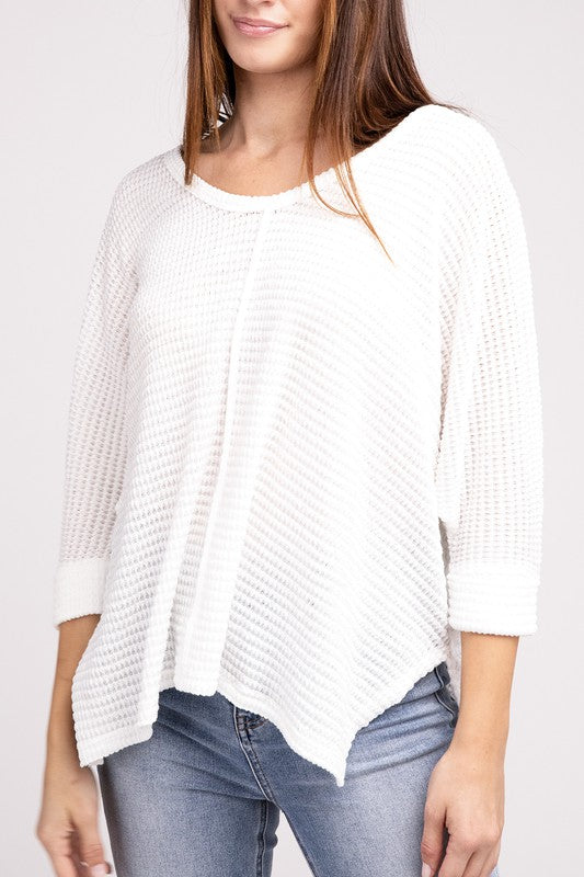 3/4 Sleeve V-Neck Hi-Low Hem Jacquard Sweater-Timber Brooke Boutique, Online Women's Fashion Boutique in Amarillo, Texas