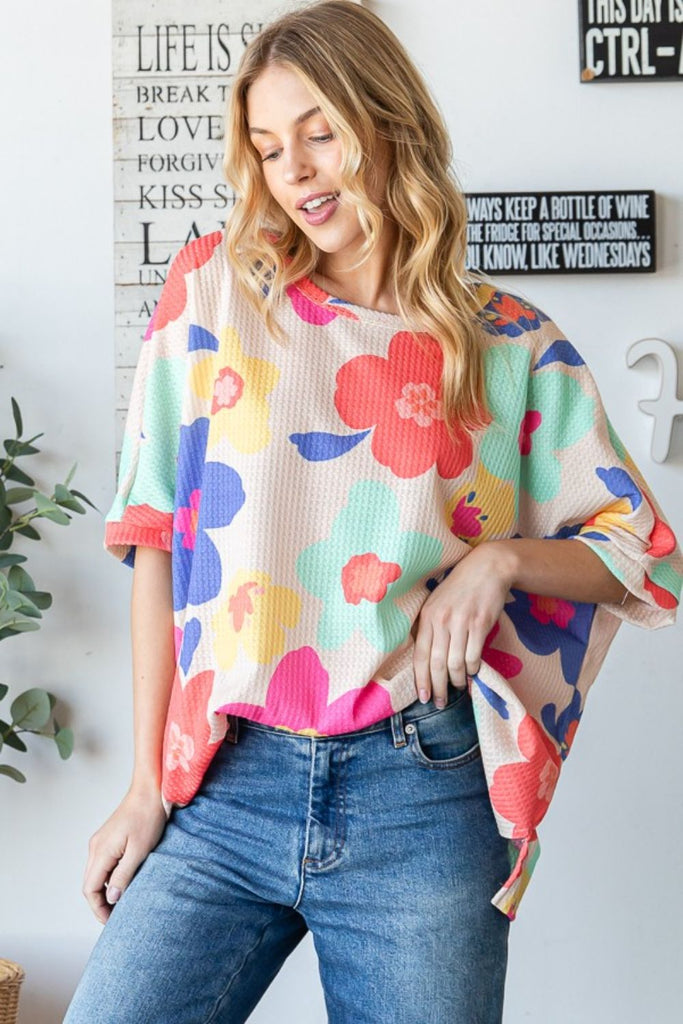 HOPELY Floral Waffle Oversize T-Shirt-Timber Brooke Boutique, Online Women's Fashion Boutique in Amarillo, Texas