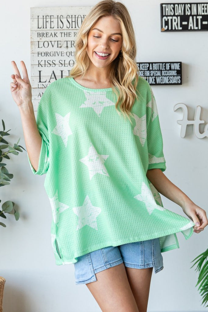 HOPELY Star Pattern Oversized Waffle T-Shirt-Timber Brooke Boutique, Online Women's Fashion Boutique in Amarillo, Texas