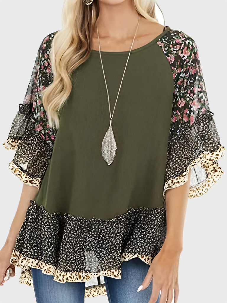 Full Size Frill Printed Round Neck Half Sleeve Blouse-Timber Brooke Boutique, Online Women's Fashion Boutique in Amarillo, Texas