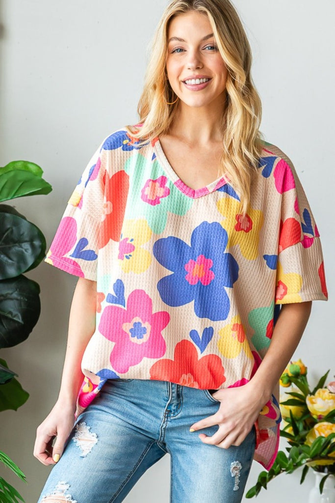 HOPELY Full Size Floral V-Neck Side Slit T-Shirt-Timber Brooke Boutique, Online Women's Fashion Boutique in Amarillo, Texas