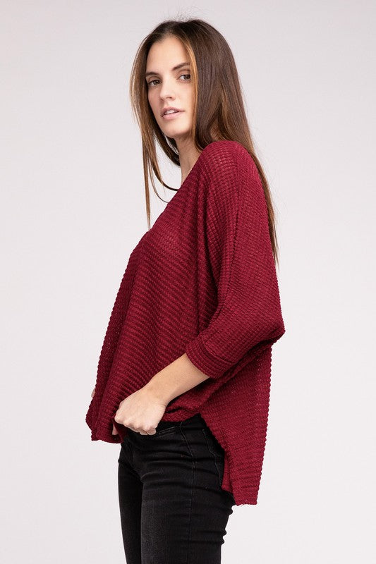 3/4 Sleeve V-Neck Hi-Low Hem Jacquard Sweater-Timber Brooke Boutique, Online Women's Fashion Boutique in Amarillo, Texas