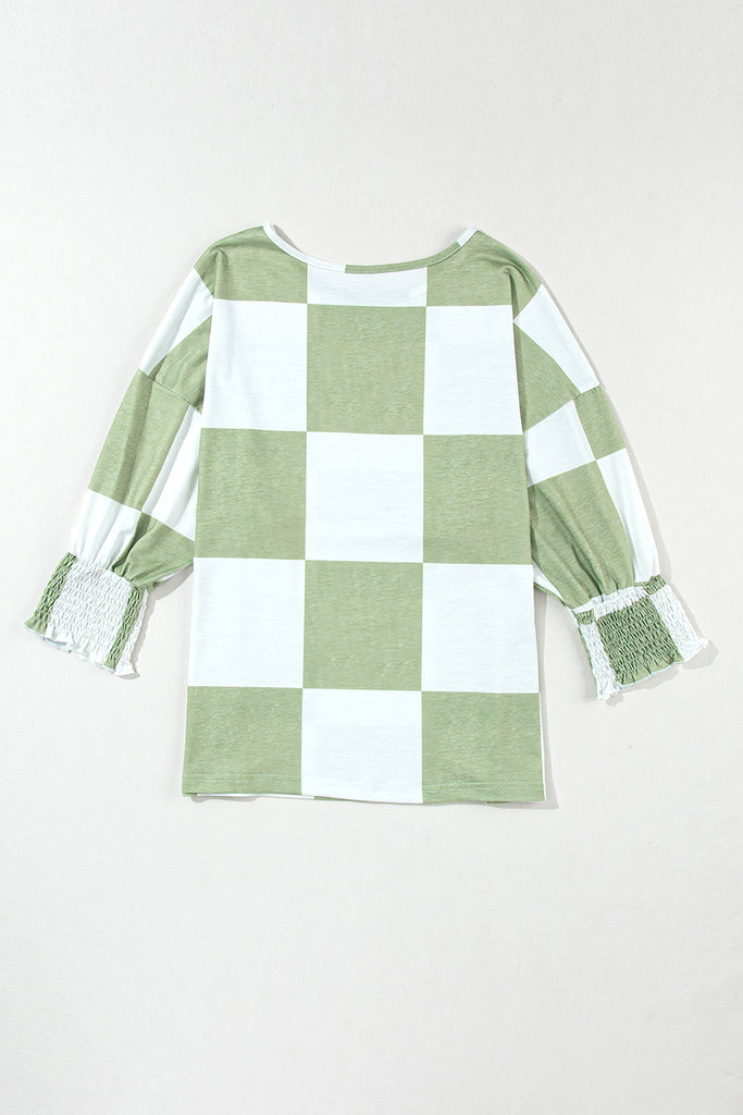 Checkered Round Neck Lantern Sleeve Top-Timber Brooke Boutique, Online Women's Fashion Boutique in Amarillo, Texas