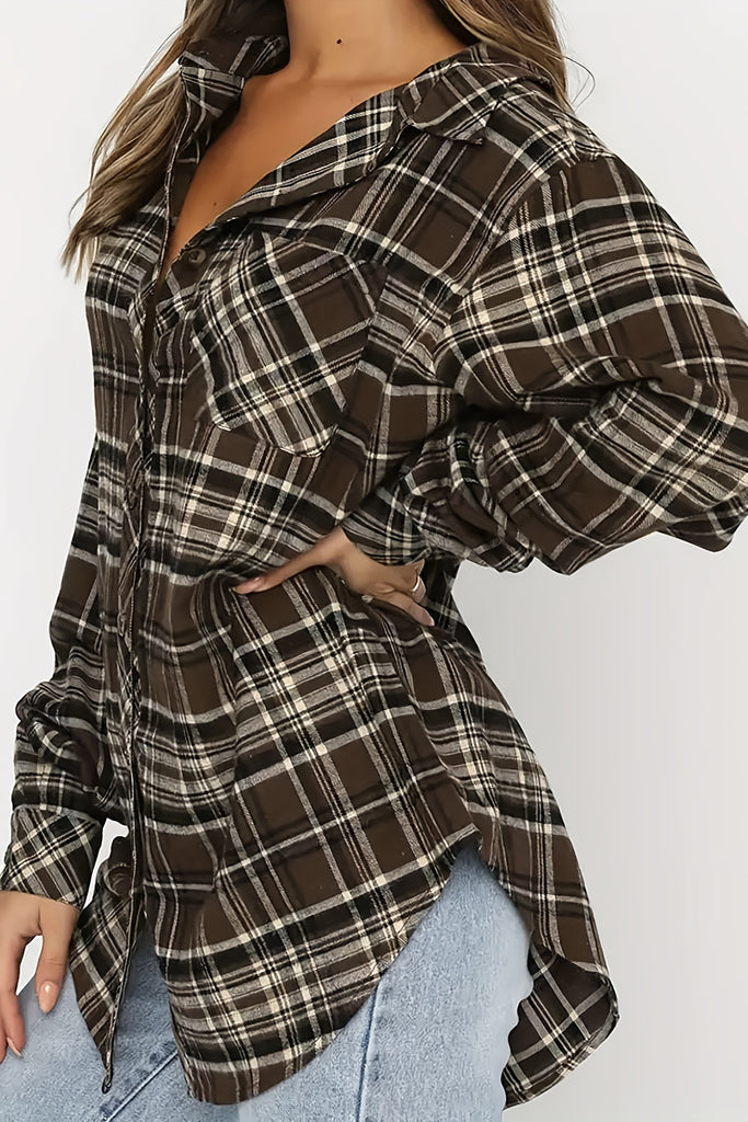 Plaid Collared Neck Long Sleeve Shirt-Timber Brooke Boutique, Online Women's Fashion Boutique in Amarillo, Texas