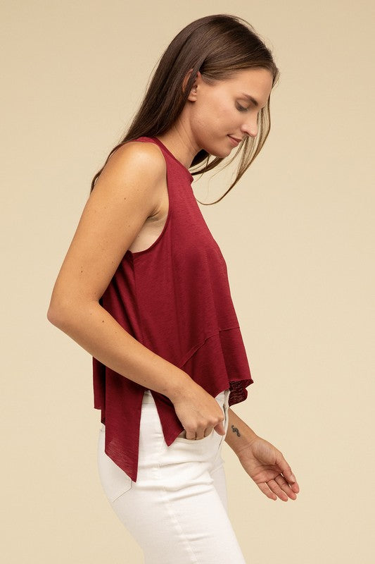 Shark Bite Side Slit Short Sleeveless Top-Timber Brooke Boutique, Online Women's Fashion Boutique in Amarillo, Texas