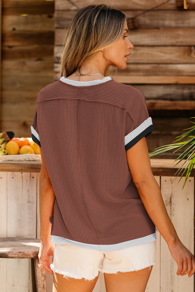 Color Block Round Neck Cap Sleeve T-Shirt-Timber Brooke Boutique, Online Women's Fashion Boutique in Amarillo, Texas