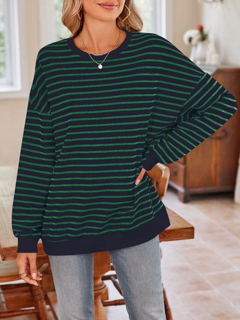 Striped Round Neck Long Sleeve Sweatshirt-Timber Brooke Boutique, Online Women's Fashion Boutique in Amarillo, Texas