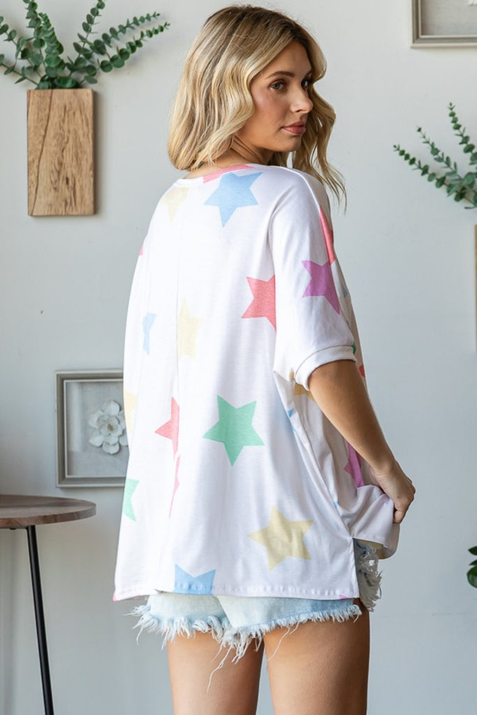 HOPELY Full Size Multi Colored Star Print T-Shirt-Timber Brooke Boutique, Online Women's Fashion Boutique in Amarillo, Texas