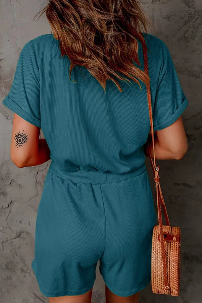 Full Size Drawstring V-Neck Short Sleeve Romper-Timber Brooke Boutique, Online Women's Fashion Boutique in Amarillo, Texas