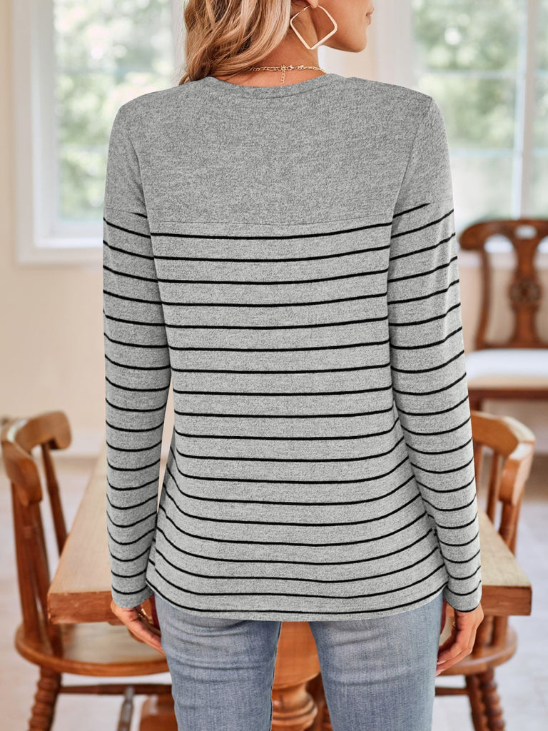 Quarter Button Striped Round Neck Long Sleeve T-Shirt-Timber Brooke Boutique, Online Women's Fashion Boutique in Amarillo, Texas