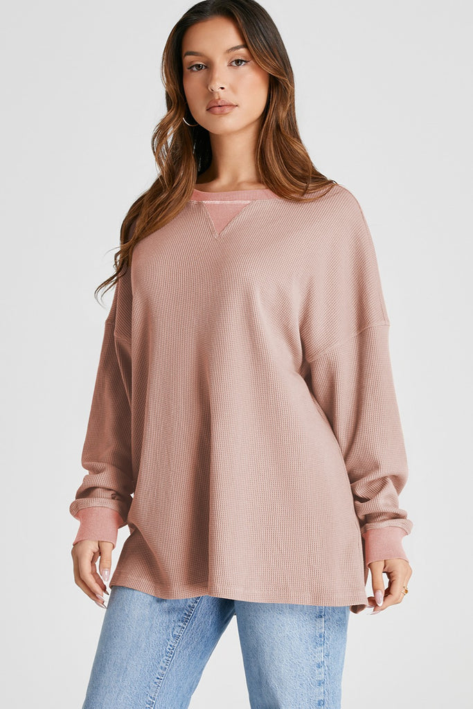 Waffle-Knit Long Sleeve Sweatshirt-Timber Brooke Boutique, Online Women's Fashion Boutique in Amarillo, Texas