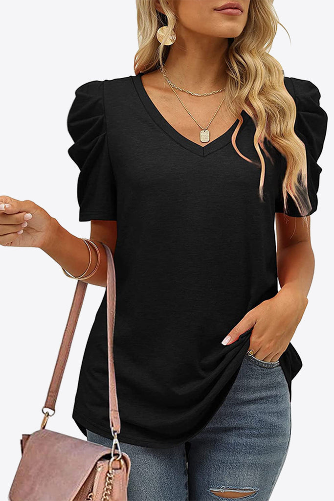 V-Neck Puff Sleeve Tee-Timber Brooke Boutique, Online Women's Fashion Boutique in Amarillo, Texas