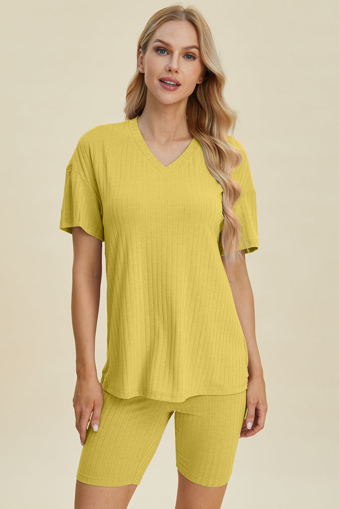 Basic Bae Full Size Ribbed V-Neck Short Sleeve Top and Shorts Set-Timber Brooke Boutique, Online Women's Fashion Boutique in Amarillo, Texas