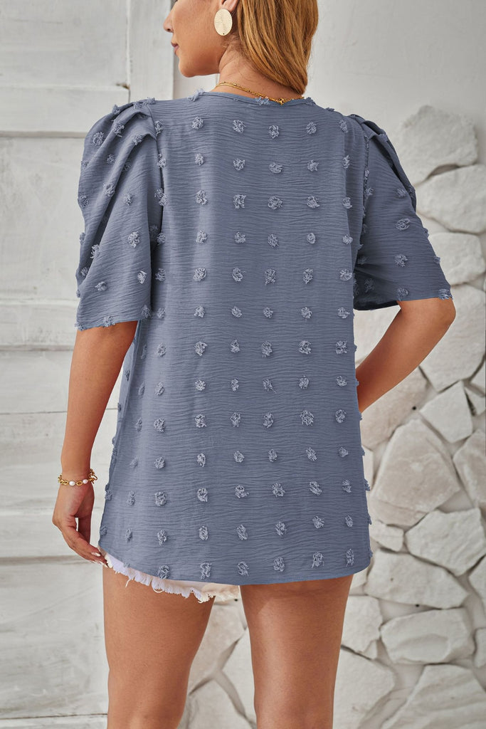 Swiss Dot Round Neck Short Sleeve Blouse-Timber Brooke Boutique, Online Women's Fashion Boutique in Amarillo, Texas