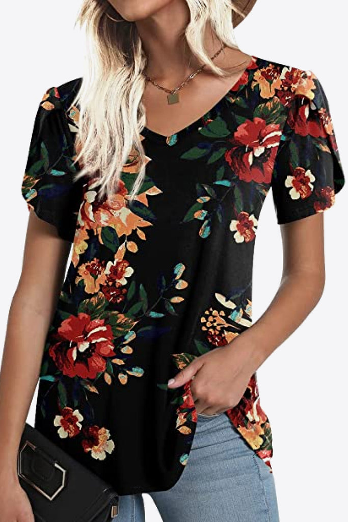 Printed Petal Sleeve V-Neck Blouse-Timber Brooke Boutique, Online Women's Fashion Boutique in Amarillo, Texas