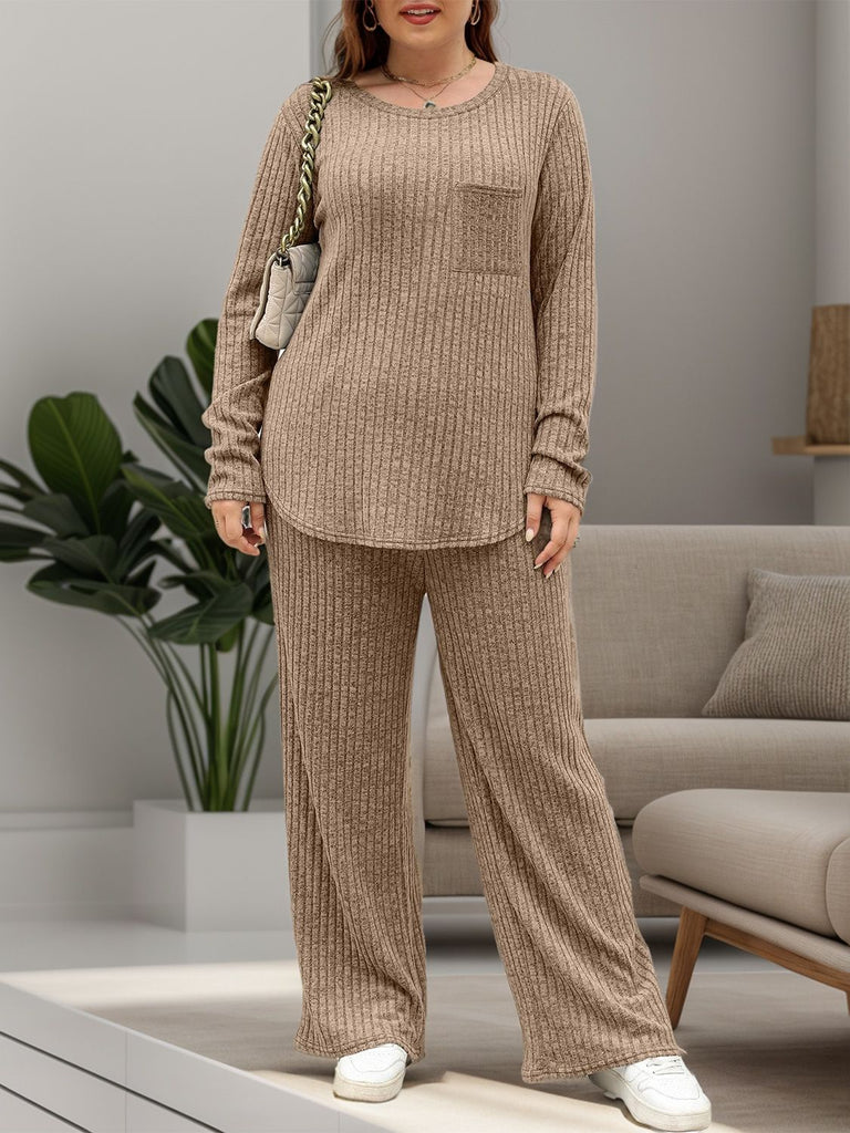 Round Neck Long Sleeve Top and Pants Set-Timber Brooke Boutique, Online Women's Fashion Boutique in Amarillo, Texas