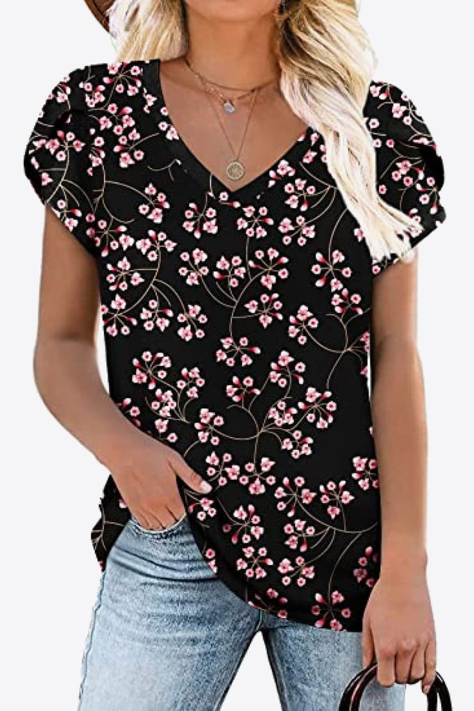 Printed Petal Sleeve V-Neck Blouse-Timber Brooke Boutique, Online Women's Fashion Boutique in Amarillo, Texas