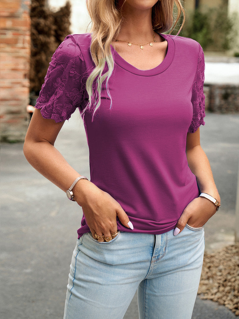 Lace Detail Round Neck Short Sleeve T-Shirt-Timber Brooke Boutique, Online Women's Fashion Boutique in Amarillo, Texas