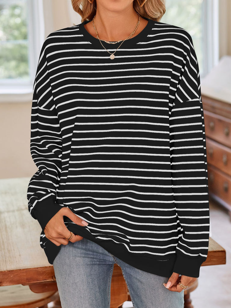 Striped Round Neck Long Sleeve Sweatshirt-Timber Brooke Boutique, Online Women's Fashion Boutique in Amarillo, Texas