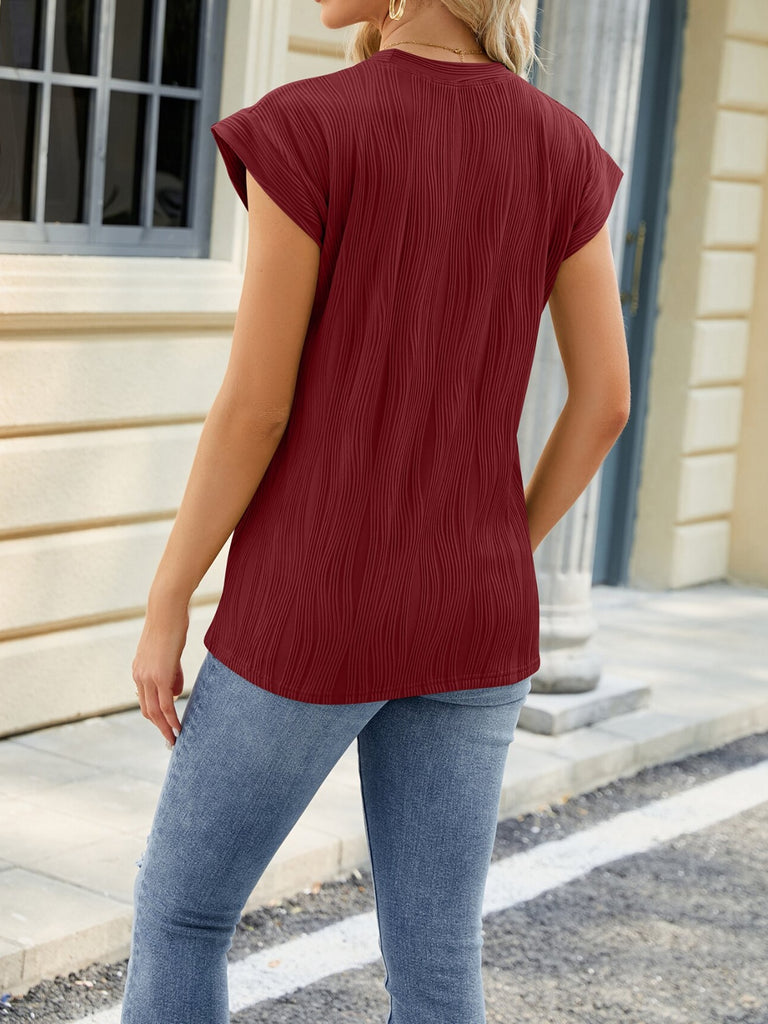 Textured Round Neck Cap Sleeve T-Shirt-Timber Brooke Boutique, Online Women's Fashion Boutique in Amarillo, Texas