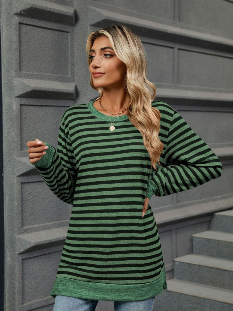 Striped Round Neck Long Sleeve T-Shirt-Timber Brooke Boutique, Online Women's Fashion Boutique in Amarillo, Texas