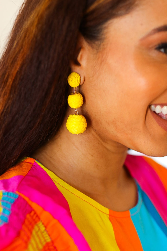 Yellow Raffia Lantern Pom Dangle Earrings-Timber Brooke Boutique, Online Women's Fashion Boutique in Amarillo, Texas