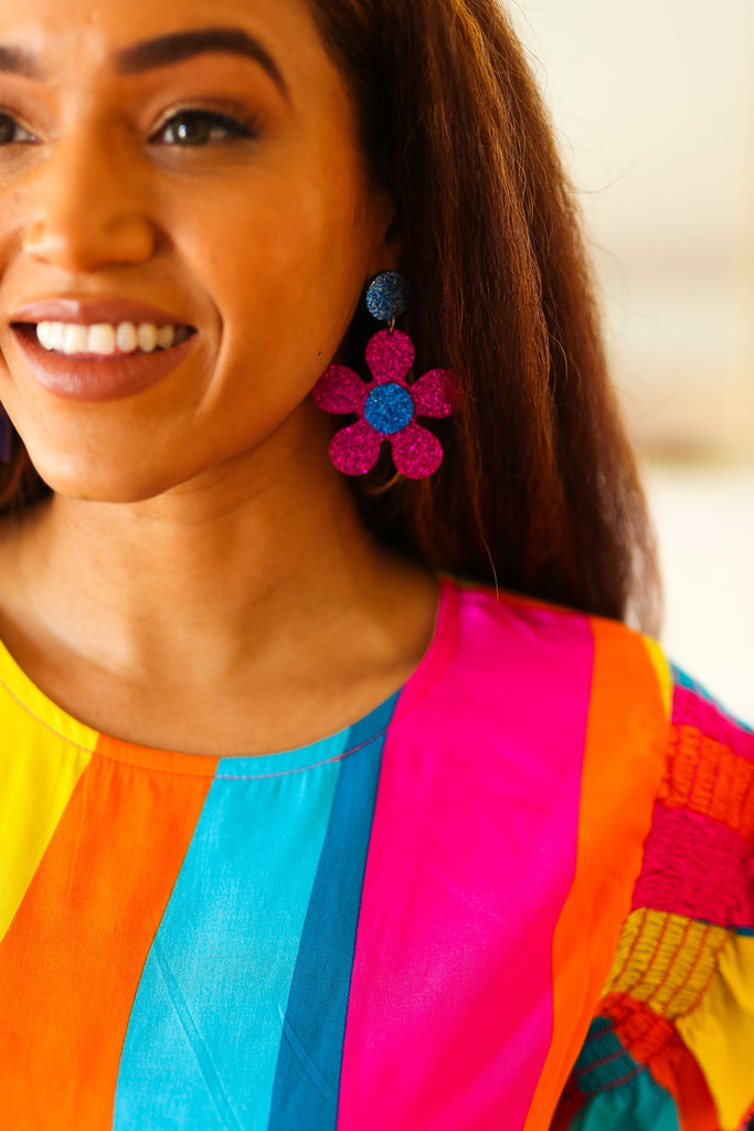 Blue & Magenta Glitter Mod Daisy Earrings-Timber Brooke Boutique, Online Women's Fashion Boutique in Amarillo, Texas
