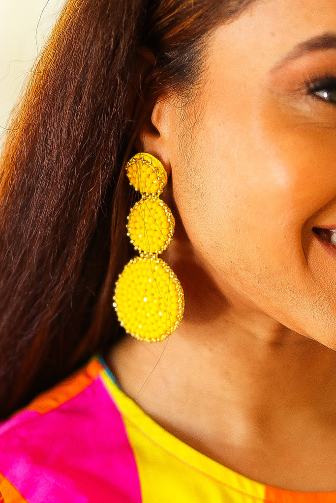 Yellow Beaded Round Pendant Earrings-Timber Brooke Boutique, Online Women's Fashion Boutique in Amarillo, Texas